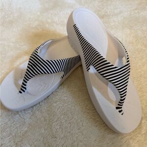 Alegria White Sandals with Black Striped Straps